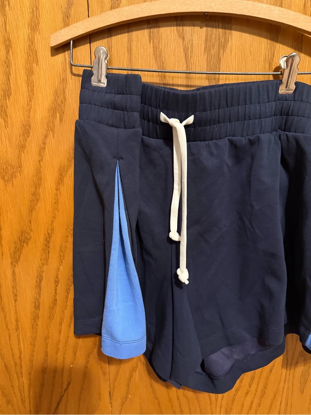 Navy Blue Womens Athletic Shorts with Light Blue Accent